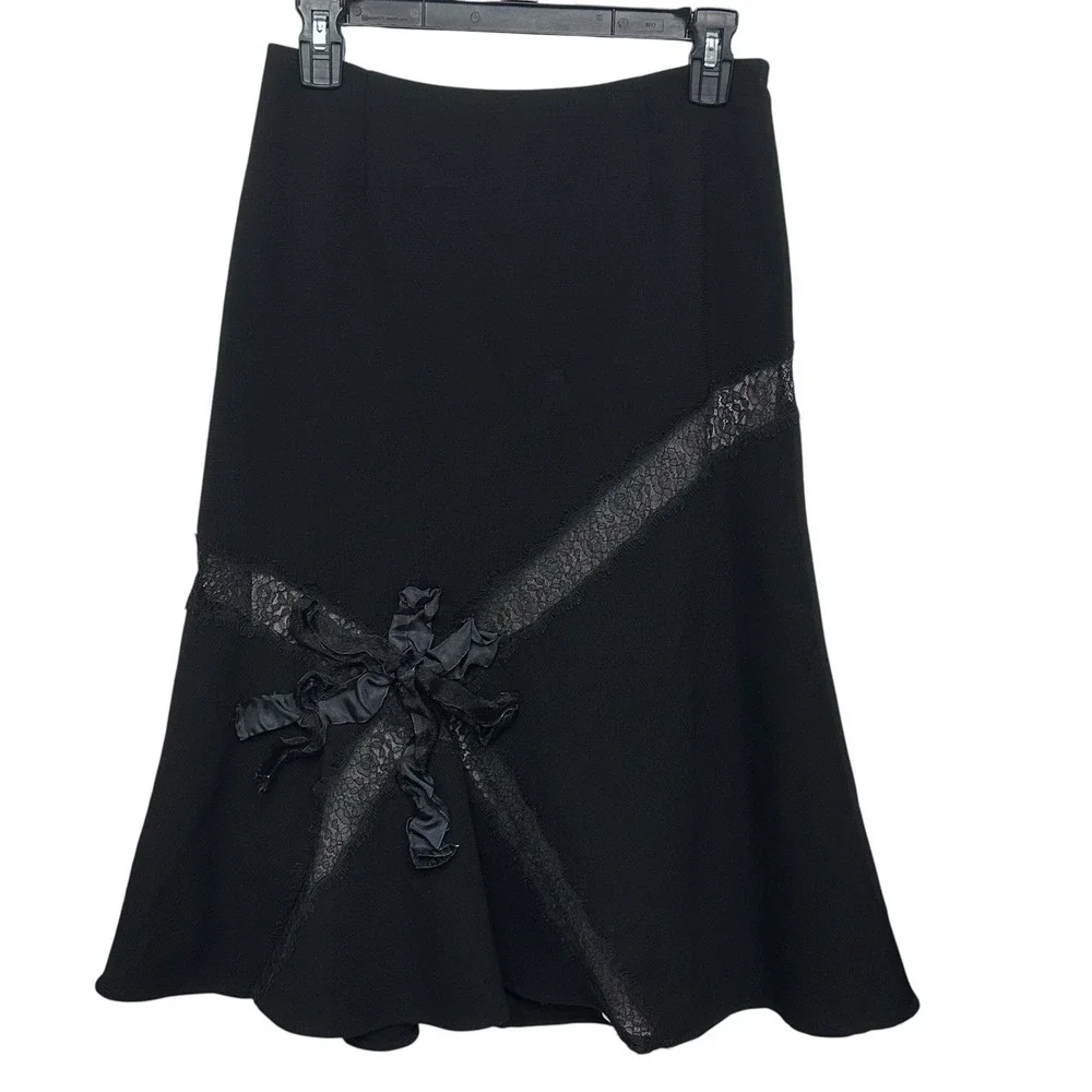 Teri Jon Rickie Freeman Black Wool Midi‎ Skirt Bow Detail Size 4 Goth Metal
